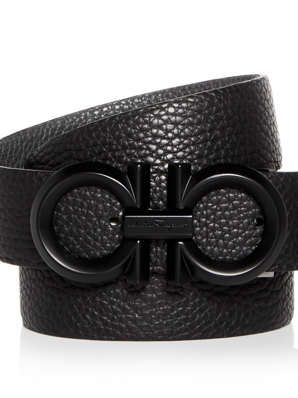 Salvatore Ferragamo Black Pebbled Leather Belt with Black Gancini Buckle